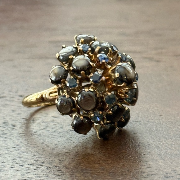 14K solid gold natural corn blue sapphire and black star sapphire cluster ring - Picture 5 of 9